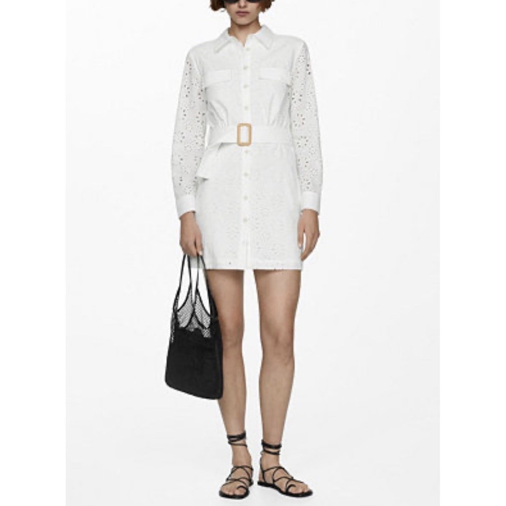 MANGO Swiss Embroidered Shirt Dress Women's Size XS White Eyelet Belted Mini NWT